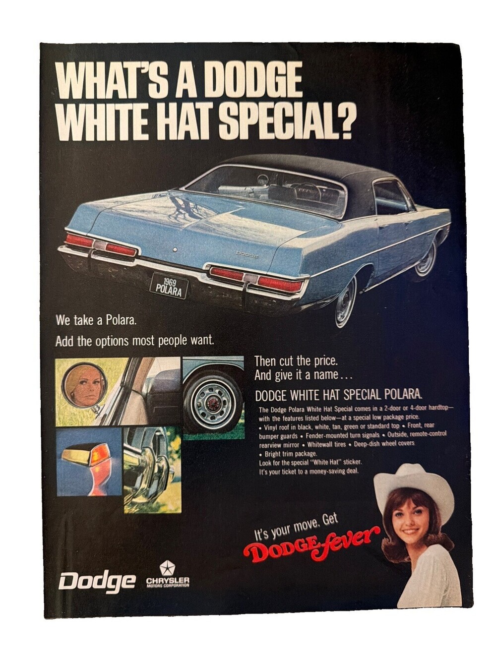 1968 Dodge Fever Polara Print Ad White Hat Special American Muscle Car Automobil
